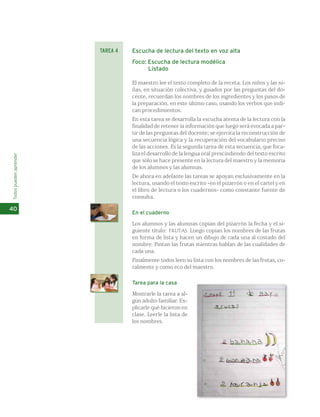 Escucha de lectura del texto en voz alta 
Foco: Escucha de lectura modélica 
Listado 
El maestro lee el texto completo de la receta. Los niños y las ni-ñas, 
en situación colectiva, y guiados por las preguntas del do-cente, 
recuerdan los nombres de los ingredientes y los pasos de 
la preparación, en este último caso, usando los verbos que indi-can 
procedimientos. 
En esta tarea se desarrolla la escucha atenta de la lectura con la 
finalidad de retener la información que luego será evocada a par-tir 
de las preguntas del docente; se ejercita la reconstrucción de 
una secuencia lógica y la recuperación del vocabulario preciso 
de las acciones. Es la segunda tarea de esta secuencia, que foca-liza 
el desarrollo de la lengua oral prescindiendo del texto escrito 
que sólo se hace presente en la lectura del maestro y la memoria 
de los alumnos y las alumnas. 
De ahora en adelante las tareas se apoyan exclusivamente en la 
lectura, usando el texto escrito -en el pizarrón o en el cartel y en 
el libro de lectura o los cuadernos- como constante fuente de 
consulta. 
En el cuaderno 
Los alumnos y las alumnas copian del pizarrón la fecha y el si-guiente 
título: FRUTAS. Luego copian los nombres de las frutas 
en forma de lista y hacen un dibujo de cada una al costado del 
nombre. Pintan las frutas mientras hablan de las cualidades de 
cada una. 
Finalmente todos leen su lista con los nombres de las frutas, co-ralmente 
y como eco del maestro. 
Tarea para la casa 
Mostrarle la tarea a al-gún 
adulto familiar. Ex-plicarle 
qué hicieron en 
clase. Leerle la lista de 
los nombres. 
Todos pueden aprender 
40 
TAREA 4 
 