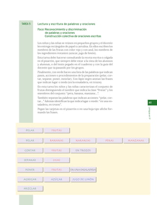 TAREA 5 
41 
Lengua en 1º 
Lectura y escritura de palabras y oraciones 
Foco: Reconocimiento y discriminación 
de palabras y oraciones 
Construcción colectiva de oraciones escritas 
Los niños y las niñas se reúnen en pequeños grupos y el docente 
les entrega rectángulos de papel o cartulina. En ellos escriben los 
nombres de las frutas con color rojo y con azul, los nombres de 
los ingredientes restantes (azúcar, jugo de limón). 
Esta tarea debe hacerse consultando la receta escrita o colgada 
en el pizarrón, que siempre debe estar a la vista de los alumnos 
y alumnas, o del texto pegado en el cuaderno y con la guía del 
docente que va pasando por los grupos. 
Finalmente, con verde hacen una lista de las palabras que indican 
pasos, acciones o procedimientos de la preparación (pelar, cor-tar, 
separar, poner, mezclar). Con lápiz negro anotan las frases 
que indican lugar o modo (en la ensaladera, en trozos). 
En esta tarea los niños y las niñas caracterizan el conjunto de 
frutas distinguiendo el nombre que indica la clase “frutas” y los 
miembros del conjunto: “pera, banana, manzana...”. 
También separan las palabras que indican acciones: “pelar, cor-tar...” 
Además identifican la que indica lugar o modo: “en una en-saladera, 
en trozos”. 
Pegan las tarjetas en el pizarrón o en una hoja tipo afiche for-mando 
las frases. 
FRUTAS 
PELAR NARANJAS 
EN UNA ENSALADERA 
MANZANAS 
PELAR 
CORTAR 
SEPARAR 
PONER 
AGREGAR 
MEZCLAR 
BANANAS 
FRUTAS 
UVAS 
FRUTAS 
AZÚCAR 
EN TROZOS 
JUGO DE LIMÓN 
PERAS 
 