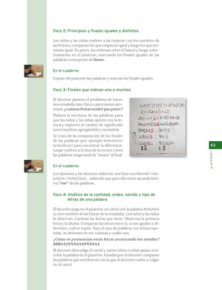 Foco 2: Principios y finales iguales y distintos 
Los niños y las niñas vuelven a las tarjetas con los nombres de 
las frutas y comparan los que empiezan igual y luego los que ter-minan 
igual. En pares, los ordenan sobre el banco y luego colec-tivamente 
en el pizarrón, marcando los finales iguales de las 
palabras a excepción de limón. 
En el cuaderno 
Copian del pizarrón las palabras y marcan los finales iguales. 
Foco 3: Finales que indican uno o muchos 
El docente plantea el problema de hacer 
una ensalada más chica o para menos per-sonas: 
¿cuántas frutas tendré que poner? 
Plantea la escritura de las palabras para 
que los niños y las niñas operen con la le-tra 
s y exploren el cambio de significado 
(uno/muchos) agregándola y sacándola. 
Se trata de la comparación de los finales 
de las palabras (por ejemplo NARANJA/ 
NARANJAS) para encontrar la diferencia. 
Luego vuelven a la lista de la receta y leen 
las palabras exagerando la “ssssss” al final. 
En el cuaderno 
Los alumnos y las alumnas elaboran una lista escribiendo 1 NA-RANJA, 
1 MANZANA... sabiendo que para ello están sacando la le-tra 
“ese” de las palabras. 
Foco 4: Análisis de la cantidad, orden, sonido y tipo de 
letras de una palabra 
El docente pega en el pizarrón un cartel con la palabra BANANA 
(u otro nombre de las frutas de la ensalada). Los niños y las niñas 
la observan. Cuentan las letras que tiene. Observan la primera 
letra y la última. Comparan las letras entre sí, si son iguales o di-ferentes, 
cuál se repite. Para el caso de palabras con letras repe-tidas, 
se detienen en ver cuántas y cuáles son. 
¿Cómo se pronuncian estas letras arrastrando los sonidos? 
BBBAAANNNAAANNNAAA. 
El docente descuelga el cartel y varios niños o niñas pasan a es-cribir 
la palabra en el pizarrón. Guiados por el docente comparan 
las palabras que escribieron con la que el docente vuelve a colgar 
en el cartel. 
43 
Lengua en 1º 
 