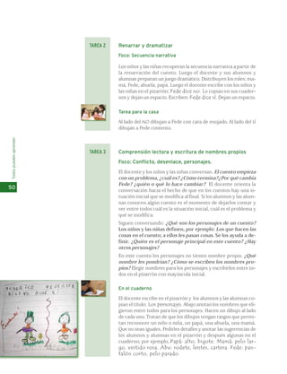 Todos pueden aprender 
50 
Renarrar y dramatizar 
Foco: Secuencia narrativa 
Los niños y las niñas recuperan la secuencia narrativa a partir de 
la renarración del cuento. Luego el docente y sus alumnos y 
alumnas preparan un juego dramático. Distribuyen los roles: ma-má, 
Fede, abuela, papá. Luego el docente escribe con los niños y 
las niñas en el pizarrón: Fede dice no. Lo copian en sus cuader-nos 
y dejan un espacio. Escriben: Fede dice sí. Dejan un espacio. 
Tarea para la casa 
Al lado del NO dibujan a Fede con cara de enojado. Al lado del SÍ 
dibujan a Fede contento. 
Comprensión lectora y escritura de nombres propios 
Foco: Conflicto, desenlace, personajes. 
El docente y los niños y las niñas conversan. El cuento empieza 
con un problema, ¿cuál es? ¿Cómo termina?¿Por qué cambia 
Fede? ¿quién o qué lo hace cambiar? El docente orienta la 
conversación hacia el hecho de que en los cuentos hay una si-tuación 
inicial que se modifica al final. Si los alumnos y las alum-nas 
conocen algún cuento es el momento de dejarlos contar y 
ver entre todos cuál es la situación inicial, cuál es el problema y 
qué se modifica. 
Siguen conversando: ¿Qué son los personajes de un cuento? 
Los niños y las niñas definen, por ejemplo: Los que hacen las 
cosas en el cuento; a ellos les pasan cosas. Se los ayuda a de-finir. 
¿Quién es el personaje principal en este cuento? ¿Hay 
otros personajes? 
En este cuento los personajes no tienen nombre propio. ¿Qué 
nombre les pondrían? ¿Cómo se escriben los nombres pro-pios? 
Elegir nombres para los personajes y escribirlos entre to-dos 
en el pizarrón con mayúscula inicial. 
En el cuaderno 
El docente escribe en el pizarrón y los alumnos y las alumnas co-pian 
el título: Los personajes. Abajo anotan los nombres que eli-gieron 
entre todos para los personajes. Hacen un dibujo al lado 
de cada uno. Tratan de que los dibujos tengan rasgos que permi-tan 
reconocer un niño o niña, un papá, una abuela, una mamá. 
Que no sean iguales. Pedirles detalles y anotar las sugerencias de 
los alumnos y alumnas en el pizarrón y después algunas en el 
cuaderno, por ejemplo, Papá: alto, bigote. Mamá: pelo lar-go, 
vestido rosa. Abu: rodete, lentes, cartera. Fede: pan-talón 
corto, pelo parado. 
TAREA 2 
TAREA 3 
 