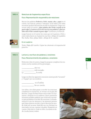 Relectura de fragmentos específicos 
Foco: Representación esquemática de relaciones 
Buscan las palabras Federico, Fede, mamá, abu y papá en el 
cuento. Las marcan, pintan o subrayan. Si los niños y las niñas 
necesitan ayuda el docente las escribe en el pizarrón. Luego con-versan 
sobre el cuento: ¿Qué palabra dice Fede cuando no le 
gusta algo? ¿Cuántas veces está escrita esa palabra? ¿Qué pa-labra 
dice Fede cuando le gusta algo? La buscan y la marcan. 
Luego buscan en el cuento las cosas que no le gustan a Fede y 
entre todos hacen en el pizarrón una lista debajo de la palabra 
No: leche, beso, plaza, baño ; debajo de Sí: cuento . 
En el cuaderno 
Título: Mapa del cuento. Copiar las columnas o el esquema del 
pizarrón. 
Lectura y escritura de palabras y oraciones 
Foco: Reconocimiento de palabras y oraciones 
El docente relee el cuento y luego les propone completar las ora-ciones 
con los nombres de los personajes. 
______________ dice no. 
______________ está enojado. 
La _____________ lo visita. 
Luego escriben las siguientes oraciones sustituyendo “la mamá” 
y “el papá” por sus nombres. 
______________ va a la plaza. 
______________ lee un cuento. 
Los niños y las niñas pasan a escribir las oraciones 
completas en el pizarrón, se revisan con la guía del 
docente. Luego escriben frases entre todos en el pi-zarrón 
y después en el cuaderno. Entre paréntesis 
incluimos posibles palabras que el docente introdu-ce 
para ayudarlos a escribir las oraciones. Lo funda-mental 
es que los alumnos y las alumnas piensen 
qué frases quieren escribir y que el docente los ayu-de: 
Fede (es) un nene. Fede dice no y no. No beso, no 
(me) baño, no (voy, camino) a la plaza. El papá lee un 
cuento. Fede dice sí. Fede es chico. La mamá es lin-da. 
La abu (tiene) rodete. 
51 
Lengua en 1º 
TAREA 4 
TAREA 5 
 