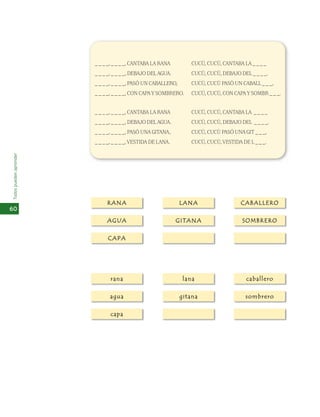 Todos pueden aprender 
60 
_ _ _ _, _ _ _ _, CANTABA LA RANA 
_ _ _ _, _ _ _ _, DEBAJO DEL AGUA. 
_ _ _ _, _ _ _ _, PASÓ UN CABALLERO, 
_ _ _ _, _ _ _ _, CON CAPA Y SOMBRERO. 
_ _ _ _, _ _ _ _, CANTABA LA RANA 
_ _ _ _, _ _ _ _, DEBAJO DEL AGUA. 
_ _ _ _, _ _ _ _, PASÓ UNA GITANA, 
_ _ _ _, _ _ _ _, VESTIDA DE LANA. 
RANA LANA CABALLERO 
AGUA GITANA SOMBRERO 
CAPA 
rana lana caballero 
agua gitana sombrero 
capa 
CUCÚ, CUCÚ, CANTABA LA _ _ _ _ 
CUCÚ, CUCÚ, DEBAJO DEL _ _ _ _. 
CUCÚ, CUCÚ PASÓ UN CABALL _ _ _, 
CUCÚ, CUCÚ, CON CAPA Y SOMBR _ _ _. 
CUCÚ, CUCÚ, CANTABA LA _ _ _ _ 
CUCÚ, CUCÚ, DEBAJO DEL _ _ _ _. 
CUCÚ, CUCÚ PASÓ UNA GIT _ _ _, 
CUCÚ, CUCÚ, VESTIDA DE L _ _ _. 
 