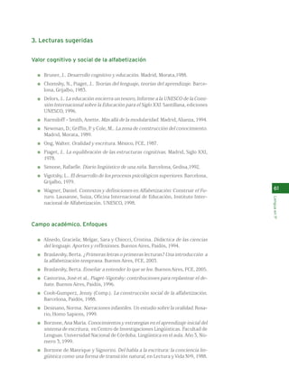 3. Lecturas sugeridas 
Valor cognitivo y social de la alfabetización 
Bruner, J.. Desarrollo cognitivo y educación. Madrid, Morata,1988. 
Chomsky, N., Piaget, J.. Teorías del lenguaje, teorías del aprendizaje. Barce-lona, 
Grijalbo, 1983. 
Delors, J.. La educación encierra un tesoro, Informe a la UNESCO de la Comi-sión 
Internacional sobre la Educación para el Siglo XXI. Santillana, ediciones 
UNESCO, 1996. 
Karmiloff - Smith, Anette. Más allá de la modularidad. Madrid, Alianza, 1994. 
Newman, D.; Griffin, P. y Cole, M.. La zona de construcción del conocimiento. 
Madrid, Morata, 1989. 
Ong, Walter. Oralidad y escritura. México, FCE, 1987. 
Piaget, J.. La equilibración de las estructuras cognitivas. Madrid, Siglo XXI, 
1978. 
Simone, Rafaelle. Diario lingüístico de una niña. Barcelona, Gedisa,1992. 
Vigotsky, L.. El desarrollo de los procesos psicológicos superiores. Barcelona, 
Grijalbo, 1979. 
Wagner, Daniel. Contextos y definiciones en Alfabetización: Construir el Fu-turo 
. Lausanne, Suiza, Oficina Internacional de Educación, Instituto Inter-nacional 
de Alfabetización. UNESCO, 1998. 
Campo académico. Enfoques 
Alisedo, Graciela; Melgar, Sara y Chiocci, Cristina. Didáctica de las ciencias 
del lenguaje. Aportes y reflexiones. Buenos Aires, Paidós, 1994. 
Braslavsky, Berta. ¿Primeras letras o primeras lecturas? Una introducción a 
la alfabetización temprana. Buenos Aires, FCE, 2003. 
Braslavsky, Berta. Enseñar a entender lo que se lee. Buenos Aires, FCE, 2005. 
Castorina, José et al.. Piaget-Vigotsky: contribuciones para replantear el de-bate 
. Buenos Aires, Paidós, 1996. 
Cook-Gumperz, Jenny (Comp.). La construcción social de la alfabetización. 
Barcelona, Paidós, 1988. 
Desinano, Norma. Narraciones infantiles. Un estudio sobre la oralidad. Rosa-rio, 
Homo Sapiens, 1999. 
Borzone, Ana María. Conocimientos y estrategias en el aprendizaje inicial del 
sistema de escritura, en Centro de Investigaciones Lingüísticas. Facultad de 
Lenguas. Universidad Nacional de Córdoba. Lingüística en el aula. Año 3, Nú-mero 
3, 1999. 
Borzone de Manrique y Signorini. Del habla a la escritura: la conciencia lin-güística 
como una forma de transición natural, en Lectura y Vida Nº9, 1988. 
61 
Lengua en 1º 
 
