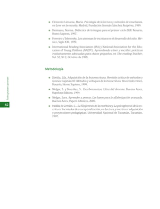 Clemente Limuesa, María. Psicología de la lectura y métodos de enseñanza, 
en Leer en la escuela. Madrid, Fundación Germán Sánchez Ruipérez, 1989. 
Desinano, Norma. Didáctica de la lengua para el primer ciclo EGB. Rosario, 
Homo Sapiens, 1997. 
Ferreiro y Teberosky. Los sistemas de escritura en el desarrollo del niño. Mé-xico, 
Siglo XXI, 1979. 
International Reading Association (IRA) y National Association for the Edu-cation 
of Young Children (NAEYC). Aprendiendo a leer y escribir: prácticas 
evolutivamente adecuadas para chicos pequeños, en The reading Teacher, 
Vol. 52, Nº 2, Octubre de 1998. 
Metodología 
Daviña, Lila. Adquisición de la lectoescritura. Revisión crítica de métodos y 
teorías. Capítulo III: Métodos y enfoques de lectoescritura. Recorrido crítico. 
Rosario, Homo Sapiens, 1999. 
Melgar, S. y González, S.. Escribecuentos. Libro del docente. Buenos Aires, 
Kapelusz Editora, 1999. 
Melgar, Sara. Aprender a pensar. Las bases para la alfabetización avanzada. 
Buenos Aires, Papers Editores, 2005. 
Padilla de Zerdán, C.. La filogénesis de la escritura y La psicogénesis de la es-critura: 
los niveles de conceptualización, en Lectura y escritura: adquisición 
y proyecciones pedagógicas. Universidad Nacional de Tucumán, Tucumán, 
1997. 
Todos pueden aprender 
62 
