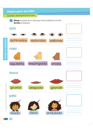 Pasos para escribir
                                                      Escritura: descripción de la cara

                                                         1   Dibujo la parte de la cara que más se parece a la mía.
                                                             Escribo la palabra.


                                                        ojos
Tarjeta de identidad




                                                         achinados                redondos           saltones

                                                        nariz



                                                         aguileña              respingada              chata

                                                        boca
         DISTRIBUCIÓN GRATUITA - PROHIBIDA LA VENTA




                                                         gruesa                 delgada               grande

                                                        pelo




                                                         rizado                  lacio           ondulado
                                                        80
 