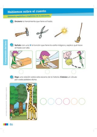 Hablemos sobre el cuento
                                                                                                   ación
                                                        Elemento explícitos e implícitos de la narr

                                                           1    Encierro la herramienta que tiene el hada.
Comprensión del texto




                                                           2    Señalo con una x la función que tiene la varita mágica y explico qué hace
                                                                el hada con ella.




                                                           3    Digo una oración sobre esta escena de la historia. Coloreo un círculo
                                                                por cada palabra dicha.
           DISTRIBUCIÓN GRATUITA - PROHIBIDA LA VENTA




                                                          86
 