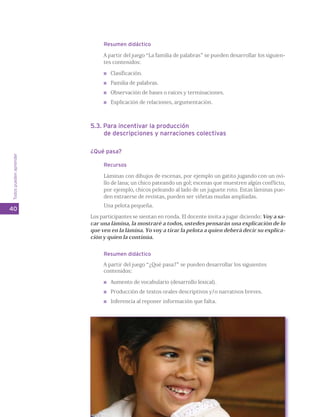 Resumen didáctico 
A partir del juego “La familia de palabras” se pueden desarrollar los siguien-tes 
contenidos: 
Clasificación. 
Familia de palabras. 
Observación de bases o raíces y terminaciones. 
Explicación de relaciones, argumentación. 
5.3. Para incentivar la producción 
de descripciones y narraciones colectivas 
¿Qué pasa? 
Recursos 
Láminas con dibujos de escenas, por ejemplo un gatito jugando con un ovi-llo 
de lana; un chico pateando un gol; escenas que muestren algún conflicto, 
por ejemplo, chicos peleando al lado de un juguete roto. Estas láminas pue-den 
extraerse de revistas, pueden ser viñetas mudas ampliadas. 
Una pelota pequeña. 
Los participantes se sientan en ronda. El docente invita a jugar diciendo: Voy a sa-car 
una lámina, la mostraré a todos, ustedes pensarán una explicación de lo 
que ven en la lámina. Yo voy a tirar la pelota a quien deberá decir su explica-ción 
y quien la continúa. 
Resumen didáctico 
A partir del juego “¿Qué pasa?” se pueden desarrollar los siguientes 
contenidos: 
Aumento de vocabulario (desarrollo lexical). 
Producción de textos orales descriptivos y/o narrativos breves. 
Inferencia al reponer información que falta. 
Todos pueden aprender 
40 
 