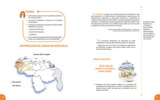 1716
DISTRIBUCIÓN DEL VOSEO EN VENEZUELA
Se la echa de
suspiro y no llega a
huevo batido
	 Endiscusióngrupal,juntocontuprofesoroprofesora,
da tu opinión sobre:
	Las lecturas realizadas en relación con el Español
de Venezuela.
	 La lengua que hablamos en el país se ha denominado
de diferentes maneras:
	 Español en Venezuela.
	 Español de Venezuela.
	 Castellano.
	 ¿Concuáldelaspropuestasanteriorestesientesidenti-
ficado como representación de tu venezolanidad?
En Venezuela, se habla una variedad dignísima del castellano. A cada
paso sorprende, en el habla familiar, la extraordinaria riqueza de giros, de
comparaciones ingeniosas, de expresiones pintorescas y metafóricas, la
imagineríaverbal,laprofusióndematices.Ylaprensaylaliteraturapresentan,
en general, un castellano que puede paragonarse en dignidad y belleza con el
de cualquier país de América. Un castellano que ha dado una nota muy alta
y original en el cuento, en la novela y en la poesía.
Ángel Rosenblat. BUENAS Y MALAS PALABRAS en el castellano de
Venezuela.1969 Editorial Mediterráneo. Madrid. Tomo I
El profesor Ángel
Rosenblat, en
su hermoso
texto de 1969,
denomina
nuestra lengua
como castellano.
¿En esta época, la
denominaría de
esa manera?
La Constitución Bolivariana de Venezuela de 1999,
consagra que la lengua oficial de Venezuela es el castellano.
Esperamos que en el futuro la Constitución Bolivariana
de Venezuela consagre que nuestro idioma oficial sea el
Español de Venezuela.
Humor Venezolano
	 Interpreta este dicho popular reflejo de la creatividad del
venezolano. Esta expresión se vincula a la preparación de un
delicioso dulce criollo. Investiga con tus familiares cómo se
prepara este dulce.
AA
ctividad
 