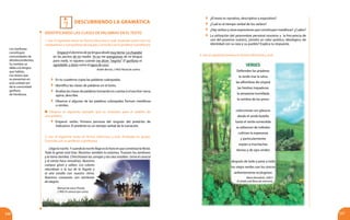 247
descubriendo la gramática
?
246
VERDES
Defienden las praderas
la verde mar la selva
las alfombras de césped
las hiedras trepadoras
la amazonia humillada
la sombra de los pinos
coleccionan sus glaucos
desde el verde botella
hasta el verde esmeralda
se atiborran de tréboles
cultivan la esperanza
y particularmente
espían a muchachas
tiernas y de ojos verdes
después de todo y pese a todo
los viejos verdes son los únicos
ardientemente ecologistas
IDENTIFICANDO LAS CLASES DE PALABRAS EN EL TEXTO
1. Lee el siguiente texto en forma silenciosa y oral. Analízalo junto con tus
compañerosycompañerasdeequipo.Consultacontuprofesoroprofesora:
Los Garífunas
constituyen
comunidades de
afrodescendientes.
Su nombre se
debe a la lengua
que hablan.
Los textos que
se presentan en
esta unidad son
de la comunidad
garífuna
de Honduras.
Empecéeldominiodemilenguadesdemuytierno.Lachupaba
en los pechos de mi madre. Yo no me avergüenzo de mi lengua
para nada, ni siquiera cuando me dicen “negrito”. El garífuna es
agradable y dulce como el agua de coco.
Rubén Berríos, (1993) Ritual de sueños.
	 En tu cuaderno copia las palabras subrayadas.
	 Identifica las clases de palabras en el texto.
	 Analiza las clases de palabras tomando en cuenta si el escritor narra,
opina, describe.
	 Observa si algunas de las palabras subrayadas forman metáforas
o símiles.
Observa el siguiente ejemplo que te orientará para el análisis de
una palabra:
	Empecé: verbo. Primera persona del singular del pretérito de
indicativo. El pretérito es un tiempo verbal de la narración.
2. Lee el siguiente texto en forma silenciosa y oral. Analízalo en grupo.
Consulta con tu profesor o profesora:
Llegalanoche.Ycuandolanochellegaeslahoraenquecomienzalafiesta.
Toda la gente está lista. Nosotros también lo estamos. Truenan los tambores
y la tierra tiembla. Chinchinean las sonajas y las olas estallan. Gime el caracol
Manuel de Jesús Pineda,
(1995) El caracol que canta.
	 ¿El texto es narrativo, descriptivo o expositivo?
	 ¿Cuál es el tiempo verbal de los verbos?
	 ¿Hay verbos y otras expresiones que constituyen metáforas? ¿Cuáles?
	 La utilización del pronombre personal nosotros y la frecuencia de
uso del posesivo nuestro, ¿tendrá un valor poético, ideológico, de
identidad con su raza y su pueblo? Explica tu respuesta.
3. Lee el siguiente poema en forma silenciosa y oral:
Mario Benedetti, (2001)
El olvido está lleno de memoria.
y el viento hace remolinos. Nuestros
cuerpos giran y saltan. Los colores
relumbran a la luz de la fogata y
el aire estalla con nuestro ritmo.
Nuestros corazones son tambores
de alegría.
 
