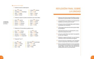 5554
1.	 Explica por qué la técnica grupal del debate te ayuda a
argumentar tus opiniones sobre un tema determinado.
2.	 ¿Se puede afirmar que el debate es una expresión de la
ciudadanía y de la democracia? ¿Por qué?
3.	 ¿Por qué la crónica de Arístides Rojas puede fortalecer
tu identidad como venezolano?
4.	 ¿Cómo juzgas el exterminio de nuestros grupos indíge-
nas primigenios?
5.	 ¿Qué importancia le das a la autoevaluación y coeva-
luación de tu producción escrita?
6.	 ¿Por qué se puede afirmar que desde muy pequeños
los niños leen imágenes?
7.	 Interpreta la siguiente afirmación: Los seres humanos
convivimos y somos consumidores de imágenes.
8.	 ¿Por qué crees que es importante, como venezolano,
conocer el campo léxico de la energía no renovable?
9.	 Razona la siguiente información: Conoces la gramática
de tu lengua en forma intuitiva, la usas cotidianamente
cuando hablas y escribes. Ahora estás descubriendo
científicamente cómo es su funcionamiento.
REFLEXIÓN FINAL SOBRE
LA UNIDAD
Fenómenos de la oralidad
	 Tendencia natural a la diptongación:
	tiatro teatro
	anzuátegui Anzoátegui
	peliar pelear
	rialidad realidad
	idializar idealizar
	rial real
	pasiar pasear
	tualla toalla
por por
	 Tendencia a aspirar los sonidos consonánticos que cierran sílabas :
	ajtitud aptitud
	ojservar observar
	ojsequio obsequio
	ojsesión obsesión
	ojtener obtener
	ójtimo óptimo
	dojtor doctor
	ojvio obvio
por por
	 Pérdida de la“d”intervocálica en palabras como:
	 Trueque de“l”por“r”:
	bebío bebido
	cantao cantado
	consentío consentido
	atragantao atragantado
	partó paltó
	arzado alzado
	cardo caldo
	farda falda
	salío salido
	metío metido
	subío subido
	pegao pegado
	 hijo’er diablo hijo del diablo
	 sarsa salsa
	cardero caldero
	 orfato olfato
por
por por
por
La aspiración
se representa
con una [j]
 