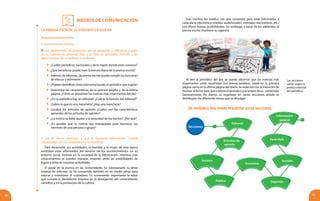 MEDIOS DE COMUNICACIÓN
90 91
LA PRENSA ESCRITA. EL PERIÓDICO ESCOLAR
Piensa en la prensa escrita
1. Conocimientos previos
Lee atentamente las preguntas que se proponen y reflexiona a partir
de tu experiencia personal. Trae a la clase un periódico. Atiende a las
observaciones de tu profesor o profesora:
	 ¿Cuáles periódicos nacionales y de la región donde vives conoces?
	 ¿Qué beneficios puede traer la lectura diaria de la prensa escrita?
	 Además de informar, ¿la prensa escrita puede cumplir las funciones
de educar y entretener?
	 ¿Puedes identificar cómo está estructurado el periódico que trajiste?
	 Determina las características de la primera página y de la última
página. ¿Cómo se presentan las noticias más importantes del día?
	 ¿En tu periódico hay un editorial? ¿Cuál es la función del editorial?
	 ¿Sabes lo que es una mancheta? ¿Hay una mancheta?
	 Localiza los artículos de opinión ¿Cuáles son las características
generales de los artículos de opinión?
	 ¿La noticia se debe ajustar a la veracidad de los hechos? ¿Por qué?
	¿Es posible que la noticia sea manipulada para favorecer los
intereses de una persona o grupo?
2 Lee en forma silenciosa y oral la siguiente información. Cambia
impresiones con tus compañeros y compañeras:
Para desarrollar sus actividades, el hombre y la mujer de esta época
necesitan estar informados del devenir de los acontecimientos en su
entorno social. Vivimos en la sociedad de la información, mientras más
conocimientos se pueden manejar, mayores serán las posibilidades de
logros y éxito en nuestras actividades.
El papel de la prensa en las comunidades ha sobrepasado su labor
original de informar. Se ha convertido también en un medio eficaz para
educar y entretener al ciudadano. Es sumamente importante la labor
que cumple el periodismo impreso en la divulgación del conocimiento
científico y en la promoción de la cultura.
Las secciones
varían según la
política editorial
del periódico.
Son muchos los medios con que contamos para estar informados y
cada día la electrónica (medios audiovisuales, mensajes electrónicos, etc.)
nos ofrece nuevas posibilidades. Sin embargo, a pesar de los adelantos, la
prensa escrita mantiene su vigencia.
Al leer el periódico del día, se puede observar que las noticias más
importantes están resumidas con breves palabras, tanto en la primera
página como en la última página del diario. Se redactan con la intención de
motivar al lector para que compre el periódico y se entere de su contenido.
Generalmente, los diarios se organizan en varias secciones donde se
distribuyen los diferentes temas que se divulgan.
Un periódico tipo puede presentar estas secciones
Secciones
Editorial
Artículos de
opinión
Sucesos
Política
Economía
Deportes
Sociales
Farándula
Información
general
 