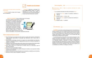 Tiempo de Escribir
142 143
	 Terminan en -ción, cuando el sustantivo mantiene la
sílaba sa.
	 Ejemplo: conversar - conversación
	 Terminan en -sión, cuando el sustantivo no mantiene la
sílaba sa.
	 Ejemplo: confesar > confesión
¿Qué escribir?: un ensayo sobre un personaje
de la novela
Propósito: leer los ensayos ante el grupo
de tus compañeros.
Orientación: Selecciona un personaje de la
novela Piedra de Mar. Establece una opinión
relacionada con la forma como evalúas su
comportamiento.Buscaeneltextoleídofragmen-
tos que te permitan fundamentar tu opinión.
	 Ten presente que en un ensayo el escritor expresa su propia visión (opinión, sentimientos)
sobre un tema determinado. El personaje que selecciones será el tema sobre el
cual hablarás.
	 Seleccionado el personaje, encuentra un aspecto de su personalidad que enjuiciarás,
criticarás o valorarás afirmativa o negativamente dentro de la novela, por ejemplo, su
audacia, o sus miedos.
	 Establecetuvisiónsobreelpersonaje,esdecir,expresacómocreesqueactúaendeterminado
momento y si siempre se comporta de la misma manera con todas las personas.
	 Busca datos dentro de la novela que te revelen cómo es el personaje y que te
permitan evaluarlo.
	 Precisa cómo otros personajes lo valoran.
	 Elabora tu escrito partiendo de tu opinión. Deja que tu mirada y tu voz se aprecien. Finaliza
tu escrito con un resumen.
	 Elaboraunborradordetuensayo.Discútelocontuscompañeros,compañerasycontudocente.
	 Reescribe tu texto, cuida la ortografía y la redacción.
Para la redacción final de tu escrito
terminaciones –ción o –sión en sustantivos derivados de verbos
terminados en -sar.
¿Qué es el ensayo? Como se afirmó antes, en el ensayo,
un escritor expone un tema desde su punto de
vista personal. El lenguaje del ensayo es
elaborado. Lo caracteriza la subjetividad
y la libertad para exponer las ideas.
Quien escribe debe ser consistente en
sus juicios. Parte siempre de una tesis
o premisa que se enuncia al comienzo
y que luego se demuestra a lo largo
del desarrollo del escrito. Los diferentes
tipos de ensayos tienen en común el
hecho de que exponen algo de una manera
clara, en concordancia con una visión o perspectiva personal.
	 Los sustantivos derivados de verbos terminados en -sar:
La novela es una obra narrativa de larga extensión. Generalmente se
divide en capítulos, éstos son unidades temáticas, que sirven para relatar
la historia, de acuerdo con el orden narrativo que el escritor le quiera
dar. En la novela tradicional, los capítulos tienen títulos; en otro tipo de
novelas, para iniciarlos, se colocan números, o no se escribe nada. Todo
depende de las preferencias del novelista.
Su extensión permite el desarrollo de una historia principal con otras
historias secundarias entrelazadas, o varias historias centrales que se
complementan para darle unidad a la obra artística. Su larga extensión
y su desarrollo temático, le permiten a la novela, la utilización de
muchos personajes que interactúan en el relato en todos los ambientes
posibles. En cierta manera, la novela trata de crear con la ficción, espacios
imaginarios que procuran reproducir la vida, entre otros aspectos, con
sus realidades, sus conflictos, sus alegrías, su fantasía.
De la literatura...
De la ortografía...
 