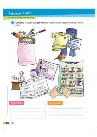 Pasos para leer
                                                                                        os
                                             Poslectura: reglas del Juego de los microbi

                                                1    Ordeno con los números del 1 al 5 las instrucciones del juego.
                                                              Gana el primero que llegue al casillero “Llegada”
                                                              con el número exacto de pasos.
                                                              Lanzar el dado por turnos.
                                                              Seguir las indicaciones escritas en el casillero
                                                              al que se llega.
                                                              Avanzar al casillero indicado.

                                                              Poner las fichas en el casillero que dice “Salida”.

                                                 2   Escribo las instrucciones del “Juego de los microbios”, utilizando
                                                     las palabras de los recuadros.

                                                 por último        después             luego      primero           segundo




                                                3    Respondo a las preguntas.
',675,%8,Ï1 *5$78,7$  352+,%,'$ /$ 9(17$




                                                                              deseo lavarme las manos?
                                                ¿A qué casillero
                                                                              deseo botar un pañuelo?
                                                debo avanzar si
                                                                              tengo una espina en el dedo?


                                                4    Escribo las situaciones en las que la orden me permite volver a jugar.




                                               10
 