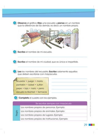 Otros sustantivos femeninos se forman añadiendo
    la letra “a”. Por ejemplo: lector - lectora.

5    Escribo los masculinos de las palabras.

      profesora                        compositora

      traductora                       compradora

6    Escribo los femeninos de las palabras.

      escritor                         pintor

      director                         señor


    Pero hay otros sustantivos que nombran animales y personas
    de géneros distintos con palabras diferentes.
    Por ejemplo: toro - vaca.

7    Uso las palabras del recuadro para escribir el femenino
     o masculino, según corresponda.

       hembra      hombre   nuera      yegua     papá      esposa


                                                                        ',675,%8,Ï1 *5$78,7$  352+,%,'$ /$ 9(17$
      mujer                 mamá                  marido

       yerno                caballo               macho


    Hay sustantivos que, aunque nombran animales o personas
    de sexo diferente, usan la misma palabra. Por ejemplo: dentista.

8    Escribo “el” o “la” para diferenciar el género de:


                 joven              cantante               estudiante


                                                                  25
 