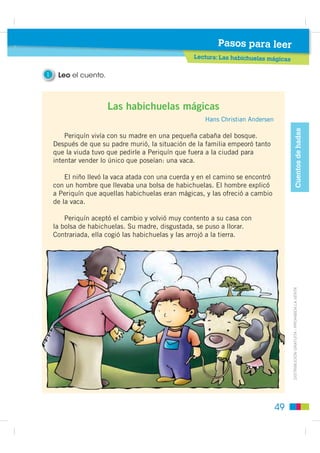 Contenidos
                                  Destrezas con criterios de desempeño:
• Comprender cuentos de hadas en función
  de disfrutar de las historias y el lenguaje       • Identificar los elementos de los
  utilizado.                                          cuentos de hadas que lo convierten en
• Narrar oralmente cuentos de hadas en                texto literario desde el análisis de sus
  función de lograr efectos específicos en            características.
  el público.                                       • Escribir cuentos de hadas desde la
• Comprender cuentos de hadas desde la                utilización de algunos recursos propios de
  identificación de los referentes mágicos a          este género.
  los que aluden sus autores.




      Dones de las hadas

                                                2      Realizo las
                                                       siguientes actividades.
                                                • Cierro los ojos
                                                  e imagino que vuelo
                                                  con Peter Pan.
                                                  Converso en
                                                  parejas sobre lo que
                                                  quisiera ver en un
                                                  viaje imaginario.
                                                • Imagino que tengo
                                                  la manzana del
                                                  cuento “Blanca Nieves”
                                                  en mis manos.
                                                  Comento sobre a
                                                  quién quisiera poner
                                                  a dormir y por qué.
                                                • Imagino que el día de
                                                                                                   ',675,%8,Ï1 *5$78,7$  352+,%,'$ /$ 9(17$
                  Música                          mi nacimiento vinieron
                 encantada                        las hadas y me dieron
                                                  muchos dones. Pienso
                                                  y escribo en un papel
                                                  cuáles serían.
                                                • Pienso en las cosas
                                                  que quisiera que
                                                  el flautista de Hamelin
                                                  se lleve y que nunca
                                                  más regresen.



                                                                                              45
 