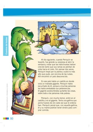 Narrar y comprender cuentos

                                                                 1   Leo el siguiente diálogo.
                                                                                                               Pero, Juan,
                                                                                                              cuéntame un
                                                                      Cuéntame              ¡!Duérmete ya!!     cuento.
                                                                      un cuento
Situación comunicativa y planificación




                                                               Sí, mi papá o mi mamá                                            Bueno, voy a
                                                               siempre me cuentan un                                         acordarme de uno.
                                                                  cuento para dormir.




                                                                 2   Observo las imágenes del cuento que Juan le contará a su
                                                                     hermanito. Pienso en un título y anoto las ideas principales de
                                                                     cada escena para que no se me olviden.


                                                                                        Situación inicial
                 ',675,%8,Ï1 *5$78,7$  352+,%,'$ /$ 9(17$




                                                                                        Conflicto




                                                                                        Desarrollo




                                                                                        Resolución del conflicto y final




                                                                46
 