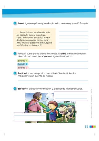 Esperó que el gigante
se durmiera y, muy despacito, se llevó
a la gallina. Llegó a las ramas de las
habichuelas y, descolgándose, tocó
el suelo y volvió a la cabaña. Su madre
se puso muy contenta. Con los huevos
que ponía la gallina, los dos vivieron
tranquilos por mucho tiempo, hasta
que la gallina murió. Entonces,
Periquín trepó otra vez por la planta
y volvió al castillo.




                                        Escondido detrás de una cortina,
                                   pudo observar cómo el gigante contaba
                                   las monedas de oro que sacaba de un
                                   bolsón de cuero. En cuanto se durmió el
                                   gigante, salió Periquín a coger el bolsón
                                                                                     ',675,%8,Ï1 *5$78,7$  352+,%,'$ /$ 9(17$
                                   de cuero y se echó a correr hacia la plan-
                                   ta, y luego hasta su casa. Con las mone-
                                   das de oro, Periquín y su mamá tuvieron
                                   dinero para vivir mucho tiempo.

                                       Un día, el bolsón de cuero quedó
                                   completamente vacío, y Periquín escaló
                                   otra vez las ramas de la planta para ir al
                                   castillo del gigante. En esta ocasión vio
                                   al gigante guardar una cajita en un
                                   cajón. Cada vez que se levantaba la
                                   tapa, dejaba caer una moneda de oro.


                                                                                51
 