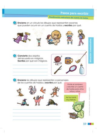 6    Leo el siguiente párrafo y escribo todo lo que creo que sintió Periquín.



        Retumbaban a espaldas del niño
    los pasos del gigante cuando ya,
    sujeto a las ramas, empezaba a bajar.
    Se daba mucha prisa, pero al mirar
    hacia la altura descubrió que el gigante
    también descendía hacia él.


7    Periquín subió por la planta tres veces. Escribo lo más importante
     de cada incursión y completo el siguiente esquema.

     Subida 1
     Subida 2
     Subida 3

8    Escribo las razones por las que el texto “Las habichuelas
     mágicas” es un cuento de hadas.




9    Escribo el diálogo entre Periquín y el señor de las habichuelas.
                                                                                ',675,%8,Ï1 *5$78,7$  352+,%,'$ /$ 9(17$




                                                                         55
 