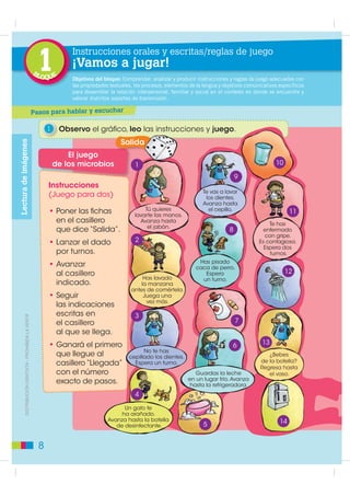 ESTRUCTURA DEL TEXTO DEL ESTUDIANTE
                                                Vamos a conocer cómo está organizado el texto para estudiantes de tercer año de Educación
                                             General Básica, que contiene seis bloques, en cada uno se trabaja un tipo de texto distinto. Los
                                             bloques 1, 3 y 5 trabajan textos funcionales de la vida diaria: instrucciones, reglas de juego,
                                             mensajes, postales, invitaciones, tarjetas de felicitación y carteleras (afiches, vía pública, cartelera
                                             de cine), mientras que los bloques pares 2, 4 y 6 trabajan textos literarios: cuentos de hadas, juegos
                                             del lenguaje (adivinanzas, trabalenguas, retahílas, nanas y rondas) y cuentos maravillosos.

                                             Páginas iniciales
                                                                                Pasos para hablar y escuchar
                                                                                  En la parte superior de estas dos páginas iniciales se registran los
                                                                             objetivos y las destrezas con criterios de desempeño que debemos lograr
                                                                             al finalizar el estudio del bloque. El conocer qué vamos a aprender nos
                                                                             orienta y nos compromete a conseguir las metas propuestas.
                                                                                Cada bloque comienza con dos páginas ilustradas que nos invitan a
                                                                             conversar, en donde se desarrollan las habilidades de hablar y escuchar
                                                                             con base en las preguntas y ejercicios planteados. Además nos permite
                                                                             expresar nuestros conocimientos previos y nos motiva a predisponernos
                                                                             hacia los nuevos aprendizajes que propone el bloque.

                                             Páginas de lectura
                                                                                Pasos para leer
                                                                                 El proceso de lectura lo vamos a desarrollar en tres etapas:
                                                                             prelectura, lectura y poslectura para comprender mejor.
                                                                                Prelectura
                                                                                 En la prelectura activamos nuestros conocimientos previos,
                                                                             elaboramos hipótesis y planteamos preguntas sobre el contenido,
                                                                             mediante el análisis de los elementos que acompañan el texto
                                                                             (paratextos) como fotografías, esquemas, ilustraciones, diagramación,
                                                                             etc. Este proceso nos permite tener una idea anticipada de lo que
DISTRIBUCIÓN GRATUITA - PROHIBIDA SU VENTA




                                                                             vamos a leer.
                                                                                Lectura
                                                                                 Cada bloque presenta un tipo de lectura con una determinada
                                                                             estructura para cumplir con una función comunicativa específica.
                                                                                 Las actividades nos invitan a reconocer la estructura y nos guían en
                                                                             la comprensión de las ideas implícitas y explícitas; nos ayudan a buscar
                                                                             y encontrar información específica, a reconocer los nuevos aprendizajes
                                                                             e identificar los significados de palabras y frases. Estas actividades nos
                                                                             permiten descubrir los usos cotidianos de estos tipos de textos.
                                                                                Poslectura
                                                                                 Esta sección presenta ejercicios que nos muestran algunas
                                                                             estrategias para la comprensión a nivel literal, inferencial y crítico-
                                                                             valorativo. Así, aprenderemos a organizar la información utilizando
                                                                             diferentes esquemas gráficos.

                                             4
 