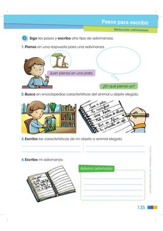 Pasos para escribir
                                                          Redacción: adivinanzas

 3   Sigo los pasos y escribo otro tipo de adivinanzas.

1. Pienso en una respuesta para una adivinanza.




                 Juan piensa en una jirafa.


                                                ¿En qué pienso yo?

2. Busco en enciclopedias características del animal u objeto elegido.




3. Escribo las características de mi objeto o animal elegido.


                                                                                   ',675,%8,Ï1 *5$78,7$  352+,%,'$ /$ 9(17$



4. Escribo mi adivinanza.

                                   Adivina adivinador




                                                                        135
 