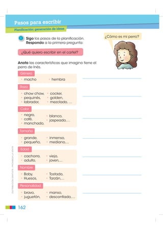 Pasos para escribir
                                            Planificación: situación comunicativa


1   Leo el siguiente diálogo.
                                                   Oigan, ¿me pueden
           Los carteles         …Y también        ayudar a hacer uno?
       informan a mucha         convencen
             gente…              de algo…




                        Porque
 Inés, ¿por qué
                       mi perrito         ¿A que
necesitas hacer                                                  Hagamos
                       se perdió       te ayuden a
   un cartel?                                                    un cartel
                      y necesito       encontrarlo?
                      convencer                                 para ayudar
                    a mis vecinos...                     ¡Sí!      a Inés.




    Para recordar
                                                                                    ',675,%8,Ï1 *5$78,7$  352+,%,'$ /$ 9(17$

Antes de comenzar a escribir, es necesario planificar; es decir,
saber qué es lo que se va a escribir, para quién, y cómo es
la estructura del texto que se quiere escribir.
Estas preguntas me ayudan.

    1. ¿Qué quiero escribir en el cartel?

    2. ¿Para quiénes escribo el cartel?

    3. ¿Cómo es la estructura de un cartel?


                                                                         161
 