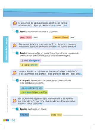 Pasos para escribir
                                              Texto: los adjeti s, género y número
                                                  o l     dj tivo

  Para recordar

Los adjetivos calificativos son palabras que expresan cualidades
de los seres, objetos, lugares y emociones que nombran los
sustantivos. Por ejemplo: perro negro.


   1    Escribo algunas cualidades que puede tener un perro.




                                                                                                   Elementos de la Lengua
   2    Elijo del recuadro un título para cada columna, según
        la característica que expresan las palabras y lo escribo.

                  dimensión • características físicas • velocidad



            liviano                  rápido                     alto
             duro                     lento                     bajo
           caliente                   veloz                  delgado


                                                                                     ',675,%8,Ï1 *5$78,7$  352+,%,'$ /$ 9(17$
       Los adjetivos calificativos pueden ser femeninos o masculinos,
       de acuerdo con el sustantivo al que acompañan.

   3    Elijo un adjetivo del recuadro y lo escribo junto a la palabra
        que le corresponde.

                       roja • grueso • lacio • caídas

        orejas                                        pelo

        lengua                                        hocico



                                                                          167
 