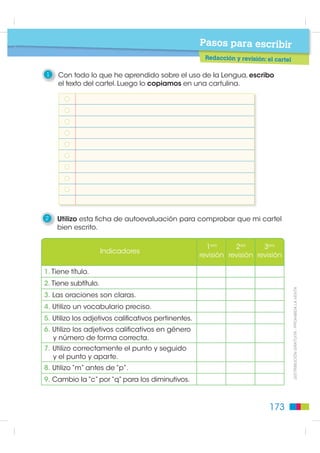 Pasos para escribir
                                                 Texto: uso de la “m” antes de “p” y “b”

                                                          Para recordar

                                                      Siempre se escribe “m” antes de “p” y de “b”.


                                                           1     Leo el texto y subrayo todas las palabras que tienen
                                                                 las letras “mp”.
Ortografía




                                                                Así es Tor
                                                                  Tor es mi perro campeón. Me despierta muy
                                                                  temprano y antes de que toque la campana,
                                                                  lo saco a jugar al campo. Me acompaña
                                                                  desde que empieza el día y no me cambia
                                                                  ni por un bombón.

                                                           2     Escribo las oraciones reemplazando los dibujos por palabras.



                                                                  La              tiene un             .




                                                                  El          toca la              .
    ',675,%8,Ï1 *5$78,7$  352+,%,'$ /$ 9(17$




                                                           3     Señalo las palabras con “mp” y “mb” de esta sopa de letras
                                                                 y las escribo.

                                                           e       t      h   o    m       b   r           e   y

                                                           e      m       b   u    d       o   s           d   c

                                                           c      a       m   p    o       f   g           u   a

                                                            t     e       t   i    m       b   r           e   f

                                                           c      a       m   p    e       s   i           n   o


                                                   172
 