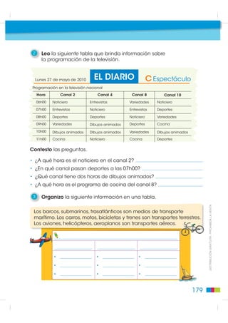 Pasos para leer
                                             Lectura: tabla de datos

                                                1    Leo y escribo la procedencia y la hora en la que llegará
                                                     el avión de TAME.


                                                                                     Tame, procedente de
                                                                                  Bogotá, sufrirá una demora
                                                                                    de una hora, debido al
                                                                                       fuerte temporal.


                                                                                  LLegada
                                                              AEROLÍNEA PROCEDENCIA          HORA        ESTADO

                                                                 Tame           Bogotá       10h00     Demorado
',675,%8,Ï1 *5$78,7$  352+,%,'$ /$ 9(17$




                                                                       Procedencia:         Hora de llegada:



                                                       Escribo la razón por la que el vuelo de TAME está retrasado.




                                               178
 
