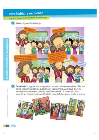 Destrezas con criterios de desempeño:
                              • Escuchar cuentos maravillosos                  • Escribir cuentos maravillosos desde la
                                desde la identificación de sus partes            utilización de algunos recursos propios
                                fundamentales (inicio, desarrollo y              de este género.
                                desenlace).                                    • Inventar cuentos maravillosos desde el
                              • Comprender los cuentos maravillosos en           disfrute del aspecto ficcional de este
                                función de disfrutar de la estructura de         tipo de texto.
                                la narración y de lo sorprendente de la        • Contar oralmente cuentos maravillosos
                                historia.                                        para lograr efectos específicos en
                                                                                 públicos determinados.




9
         Vuela            16                                               2       Respondo a las
     en un caballo                                                                 preguntas en grupos:
    alado y avanza
       al castillo.
                                                                           • ¿Qué cuentos he
                                  Con la espada
                             puedes salvar a la princesa.                    escuchado donde
                                 Avanza hacia ella.                          hay héroes, heroínas,
                                                                             reyes y princesas?
    10                                                                     • ¿Qué características
                                                                             tienen los héroes
        El dragón te ha
       quemado. Regresa
                                   15                                        y las heroínas?
           a la salida.
                                          La lámpara
                                                                           • ¿Qué haría si fuera
                                     te concedió un deseo.                   heroína o héroe?
                                          Avanza dos
                                           casilleros.
                                                                             Comento con
                                                                             mi compañera
11
 1                                                                           o compañero.
                                                                           • Si fuera una bruja
                                                                             o brujo, ¿a qué                               ',675,%8,Ï1 *5$78,7$  352+,%,'$ /$ 9(17$

    Te han engañado.
       h        ñ d          14                                              me dedicaría?
     Espera un turno.
                                                                           • Si tuviera en mis
                                            La bruja,
                                       te ha hechizado.                      manos un objeto
                                          Pierdes dos                        mágico, ¿qué deseo
                                             turnos.
                                                                             le pediría?
12                                                                         • Expreso a mis
                        1
                        13                                                   compañeros
     Por ayudarle                                                            y compañeras
     a la princesa,
    ganas un turno.        Estás cerca.                                      lo que sé acerca
                          Avanza hacia
                           la lámpara.                                       de los cuentos
                                                                             maravillosos.

                                                                                                                    189
 