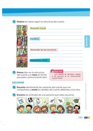 Para hablar y escuchar
                                                              Narrar y comprender cuentos maravillosos

                                                                 1     Leo el siguiente diálogo.

                                                                                    Quiero
                                                                                           p                                                        s es
                                                                                     un gra edirles                                            o me
                                                                                           n favo                                    El p róxim niño
                                                                                                  r.                                            el
                                                                                                                                          día d

                                                                                                                    Con mu                                    ¡¡Bravo!!     Hab
                                                                                                                           cho                                                    rá fie
                                                                                                                      gusto.                                                            sta..
                                                                                                 siiiiiiiiiiiiiii
Situación comunicativa y planificación




                                                                                                                                                    ncanta
                                                                                                                                            s les e
                                                                                                                                     is niño entos y he
                                                                                                                             Sí, a m har cu                a
                                                                     Quiero darles una sor
                                                                                           presa a los                          escuc              rles un
                                                                                                                                           regala entos                Es
                                                                                                                                                                     ¿q o es
                                                                     estudiantes de 1e ro de básica y                           pen sado       de c  u                 uie ,
                                                                                                                                        ación sos … ¿Con v                ren
                                                                           necesito de ustedes                                    grab ravillo                   oces         ?
                                                                                                                   ¿De                 ma                  de niño                   Claro
                                                                                                                                                                   s?
                                                                                                                nosotro
                                                                                                                        s?                                                         !Man …
                                                                                                                                                                                       os a
                                                                                                                                                                                     obra! la




                                                                 2     Observo las siguientes imágenes de un cuento maravilloso. Pienso
                                                                       en la secuencia de las acciones y las numero. Averiguo con mi
                 ',675,%8,Ï1 *5$78,7$  352+,%,'$ /$ 9(17$




                                                                       familia si conocen el cuento “La Cenicienta”. Si no es así, me
                                                                       invento su trama, enriqueciéndola con detalles para cada escena.




                                                                190
 