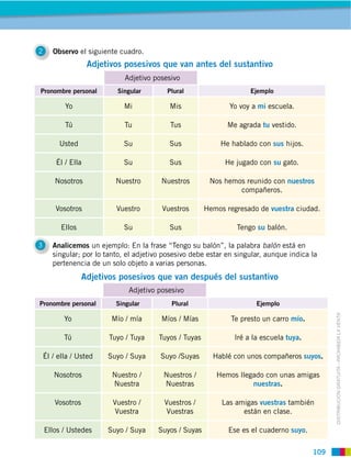 109
DISTRIBUCIÓN GRATUITA ­ PROHIBIDA LA VENTA
2 Observo el siguiente cuadro.
Adjetivo posesivo
Adjetivo posesivo
Pronombre personal Singular Plural Ejemplo
Yo Mi Mis Yo voy a mi escuela.
Tú Tu Tus Me agrada tu vestido.
Usted Su Sus He hablado con sus hijos.
Él / Ella Su Sus He jugado con su gato.
Nosotros Nuestro Nuestros Nos hemos reunido con nuestros
compañeros.
Vosotros Vuestro Vuestros Hemos regresado de vuestra ciudad.
Ellos Su Sus Tengo su balón.
Pronombre personal Singular Plural Ejemplo
Yo Mío / mía Míos / Mías Te presto un carro mío.
Tú Tuyo / Tuya Tuyos / Tuyas Iré a la escuela tuya.
Él / ella / Usted Suyo / Suya Suyo /Suyas Hablé con unos compañeros suyos.
Nosotros Nuestro /
Nuestra
Nuestros /
Nuestras
Hemos llegado con unas amigas
nuestras.
Vosotros Vuestro /
Vuestra
Vuestros /
Vuestras
Las amigas vuestras también
están en clase.
Ellos / Ustedes Suyo / Suya Suyos / Suyas Ese es el cuaderno suyo.
Adjetivos posesivos que van antes del sustantivo
Adjetivos posesivos que van después del sustantivo
3 Analicemos un ejemplo: En la frase “Tengo su balón”, la palabra balón está en
singular; por lo tanto, el adjetivo posesivo debe estar en singular, aunque indica la
pertenencia de un solo objeto a varias personas.
 