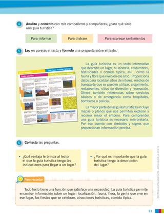 11
DISTRIBUCIÓN GRATUITA ­ PROHIBIDA LA VENTA
Para informar Para distraer Para expresar sentimientos
¿Qué ventaja le brinda al lector
el que la guía turística tenga las
indicaciones para llegar a un lugar?
¿Por qué es importante que la guía
turística tenga la descripción
del lugar?
4 Analizo y comento con mis compañeros y compañeras; ¿para qué sirve
una guía turística?
5 Leo en parejas el texto y formulo una pregunta sobre el texto.
La guía turística es un texto informativo
que describe un lugar, su historia, costumbres,
festividades o comida típica, así... como la
fauna y flora que viven en ese sitio. Proporciona
datos para localizar sitios de interés, medios de
transporte que se pueden utilizar, alojamiento,
restaurantes, sitios de diversión y recreación.
Ofrece también referencias sobre servicios
básicos o de emergencia como hospitales,
bomberos o policía.
La mayor parte de las guías turísticas incluye
mapas o planos que nos permiten explorar y
recorrer mejor el entorno. Para comprender
una guía turística es necesario interpretarla.
Por eso cuenta con símbolos y signos que
proporcionan información precisa.
6 Contesto las preguntas.
Para recordar
Todo texto tiene una función que satisface una necesidad. La guía turística permite
encontrar información sobre un lugar: localización, fauna, flora, la gente que vive en
ese lugar, las fiestas que se celebran, atracciones turísticas, comida típica.
 