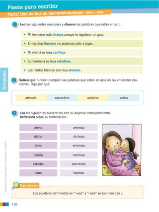 110
DISTRIBUCIÓN GRATUITA ­ PROHIBIDA LA VENTA
1 Leo las siguientes oraciones y observo las palabras que están en azul.
2 Señalo qué función cumplen las palabras que están en azul en las anteriores ora-
ciones. Digo por qué.
3 Leo los siguientes sustantivos con su adjetivo correspondiente.
Reflexiono sobre su terminación.
arena arenosa
dicha dichoso
amor amoroso
cariño cariñoso
estudio estudioso
barro barroso
artículo sustantivo adjetivo verbo
Texto: Uso de la s en las terminaciones –oso, –osa
Pasos para escribir
Para recordar
Los adjetivos terminados en “–oso” y “–osa” se escriben con s.
Mi hermano está dichoso porque le regalaron un gato.
Su hermana es muy estudiosa.
Los nardos blancos son muy olorosos.
En los días lluviosos no podemos salir a jugar.
Mi mamá es muy cariñosa.
Ortografía
 