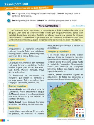 12
DISTRIBUCIÓN GRATUITA ­ PROHIBIDA LA VENTA
Leo el siguiente título de la guía “Visita Esmeraldas”. Comento en parejas sobre el
contenido de la lectura.
1
2 Leo la siguiente guía turística y observo los símbolos que aparecen en el mapa.
Visita Esmeraldas
A Esmeraldas se la conoce como la provincia verde. Está situada en la costa norte
del país. Gran parte de su territorio está cubierto por bosques tropicales, donde viven
variedad de plantas y animales. También hay playas, manglares y esteros. Su clima es
cálido húmedo. La mayoría de la gente que vive en Esmeraldas es afroecuatoriana. Pero
también habitan mestizos y grupos indígenas como los chachis, los awás y los éperas.
Lectura: Estructura de la guía turística
Pasos para leer
Mapa turístico del Ministerio de Turísmo
Historia
Antiguamente, la habitaron diferentes
culturas, como la Tolita, que trabajaban
en oro y platino. Además, eran navegantes
que vivían de la caza y de la pesca.
Lugares turísticos
Las playas de Esmeraldas son hermosas
y el agua del mar es cristalina. Existen
muchos lugares para visitar: Atacames,
Súa, Same, Muisne, Tonsupa, Playa
Ancha, entre otros.
En Esmeraldas se encuentran los
manglares que crecen en pantanos y
en agua salada. Entre sus raíces viven
cangrejos, camarones, conchas, etc.
Reservas ecológicas
Cayapas-Mataje: está ubicada al norte de
Esmeraldas. Allí se encuentra el bosque
de Majagual, donde crecen los manglares
más altos del mundo y una variedad de
plantas y animales.
Mache-Chindul: tiene bosques húmedos
tropicales, cascadas y piscinas naturales.
Gastronomía
La comida es muy sabrosa. El encocado
de pescado, los mariscos, el plátano
verde, el arroz y el coco son la base de su
alimentación.
Transporte y alojamiento
Si se decide viajar por tierra, existen
diversas líneas de transporte terrestre
que salen de diferentes lugares del país.
También existe transporte aéreo hasta
la ciudad de Esmeraldas. El aeropuerto
cuenta con servicios de transporte
terrestre y de taxis para llegar a cualquier
lugar de la provincia.
Además, existen numerosos lugares de
alojamiento de todas las categorías y
restaurantes de comida esmeraldeña.
Autor: Soleda Mena
 