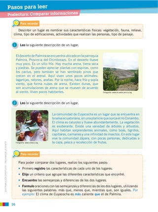 16
DISTRIBUCIÓN GRATUITA ­ PROHIBIDA LA VENTA
Para recordar
1 Leo la siguiente descripción de un lugar.
El desierto de Palmira se encuentra ubicado en la parroquia
Palmira, Provincia del Chimborazo. En el desierto llueve
muy poco. Es un sitio frío. Hay mucha arena, tierra seca
y piedras. Se pueden apreciar plantas con espinas, como
los cactus, pero también se han sembrado pinos que
crecen en el arenal. Aquí viven unos pocos animales:
lagartijas, ratones, arañas. Por la noche, hace frío y sopla
viento, que forma nubes de arena. Existen dunas, que
son acumulaciones de arena que se mueven de acuerdo
al viento. Viven pocos habitantes.
Describir un lugar es nombrar sus características físicas: vegetación, fauna, relieve,
clima, tipo de edificaciones, actividades que realizan las personas, tipo de paisaje.
La comunidad de Cuyacocha es un lugar que se encuentra en
la selva ecuatoriana, en una planicie que surca el río Conambo.
El clima es caluroso y llueve abundantemente. La vegetación
es exuberante. Existe una variedad de árboles y arbustos.
Aquí habitan sorprendentes animales, como boas, tigrillos,
capibaras, caimanes y una infinidad de insectos. En este lugar
vive la comunidad zápara, con pocas personas, dedicadas a
la caza, pesca y recolección de frutos.
Para recordar
Para poder comparar dos lugares, realizo los siguientes pasos:
Primero registro las características de cada uno de los lugares.
Elijo un criterio que agrupe las diferentes características que encontré.
Encuentro las semejanzas y diferencias de los dos lugares.
Formulo oraciones con las semejanzas y diferencias de los dos lugares, utilizando
las siguientes palabras: más que, menos que, mientras que, son iguales. Por
ejemplo: El clima de Cuyacocha es más caliente que el de Palmira.
Poslectura: Comparar informaciones
Pasos para leer
Fotografía: www.unesco.org
Fotografía: www.ecuadorciencia.org
2 Leo la siguiente descripción de un lugar.
 
