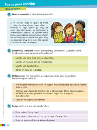 18
DISTRIBUCIÓN GRATUITA ­ PROHIBIDA LA VENTA
1 Observo y comento la situación de estos niños.
2 Reflexiono y selecciono con mis compañeras y compañeros: ¿Cuál sería la me-
jor alternativa para solucionar este problema?
3 Reflexiono con mis compañeros y compañeras: ¿Cuál es el propósito de
realizar una guía turística?
4 Señalo quién va a leer esta guía turística.
Escribir una carta a los niños y a las niñas.
Escribir un mensaje con las indicaciones.
Escribir una guía turística.
Darles un mapa de la ciudad.
Unos turistas de otro país.
Unos niños o niñas que no conocen el lugar dónde yo vivo.
Unas personas adultas que vienen de paseo.
Proporcionar información sobre los lugares más interesantes de un sitio y cómo
llegar a ellos.
Informar sobre los sitios de interés de la comunidad y dónde están ubicados;
dar las indicaciones generales sobre cómo llegar, dónde alojarse
o dónde comer.
Describir los lugares importantes.
A mi escuela llega un grupo de niños
y niñas de otra ciudad, pero ellos no
conocen el lugar donde yo vivo, los
sitios más interesantes, las costumbres y
alimentación. Además, no conocen cómo
llegaraestoslugares.Unosamigoslesdieron
las indicaciones en forma oral, pero ellos
no recuerdan muy bien todos los lugares
y las indicaciones para llegar.
Planificación
Pasos para escribir
 