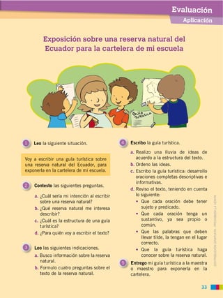 Aplicación
Evaluación
33
4 Escribo la guía turística.
5 Entrego mi guía turística a la maestra
o maestro para exponerla en la
cartelera.
a. ¿Cuál sería mi intención al escribir
sobre una reserva natural?
b. ¿Qué reserva natural me interesa
describir?
c. ¿Cuál es la estructura de una guía
turística?
d. ¿Para quién voy a escribir el texto?
a. Realizo una lluvia de ideas de
acuerdo a la estructura del texto.
b. Ordeno las ideas.
c. Escribo la guía turística: desarrollo
oraciones completas descriptivas e
informativas.
d. Reviso el texto, teniendo en cuenta
lo siguiente:
Que cada oración debe tener
sujeto y predicado.
Que cada oración tenga un
sustantivo, ya sea propio o
común.
Que las palabras que deben
llevar tilde, la tengan en el lugar
correcto.
Que la guía turística haga
conocer sobre la reserva natural.a. Busco información sobre la reserva
natural.
b. Formulo cuatro preguntas sobre el
texto de la reserva natural.
Voy a escribir una guía turística sobre
una reserva natural del Ecuador, para
exponerla en la cartelera de mi escuela.
Exposición sobre una reserva natural del
Ecuador para la cartelera de mi escuela
Leo las siguientes indicaciones.
Contesto las siguientes preguntas.2
3
1 Leo la siguiente situación.
DISTRIBUCIÓN GRATUITA ­ PROHIBIDA LA VENTA
 