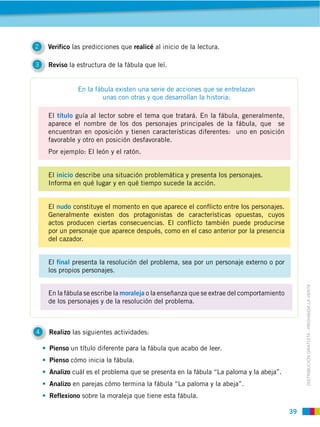 39
DISTRIBUCIÓN GRATUITA ­ PROHIBIDA LA VENTA
2 Verifico las predicciones que realicé al inicio de la lectura.
3 Reviso la estructura de la fábula que leí.
4 Realizo las siguientes actividades:
El título guía al lector sobre el tema que tratará. En la fábula, generalmente,
aparece el nombre de los dos personajes principales de la fábula, que se
encuentran en oposición y tienen características diferentes: uno en posición
favorable y otro en posición desfavorable.
Por ejemplo: El león y el ratón.
El inicio describe una situación problemática y presenta los personajes.
Informa en qué lugar y en qué tiempo sucede la acción.
El nudo constituye el momento en que aparece el conflicto entre los personajes.
Generalmente existen dos protagonistas de características opuestas, cuyos
actos producen ciertas consecuencias. El conflicto también puede producirse
por un personaje que aparece después, como en el caso anterior por la presencia
del cazador.
El final presenta la resolución del problema, sea por un personaje externo o por
los propios personajes.
En la fábula se escribe la moraleja o la enseñanza que se extrae del comportamiento
de los personajes y de la resolución del problema.
Pienso un título diferente para la fábula que acabo de leer.
Pienso cómo inicia la fábula.
Analizo cuál es el problema que se presenta en la fábula “La paloma y la abeja”.
Analizo en parejas cómo termina la fábula “La paloma y la abeja”.
Reflexiono sobre la moraleja que tiene esta fábula.
En la fábula existen una serie de acciones que se entrelazan
unas con otras y que desarrollan la historia:
 