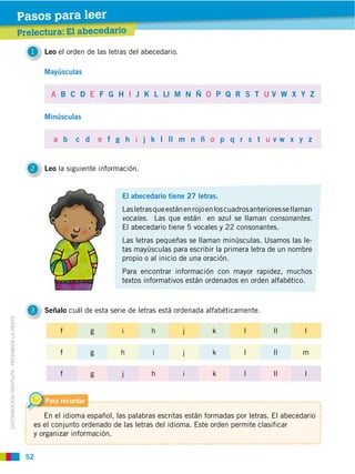 52
DISTRIBUCIÓN GRATUITA ­ PROHIBIDA LA VENTA
Prelectura
j k ll llf g i h
1 Leo el orden de las letras del abecedario.
2 Leo la siguiente información.
3 Señalo cuál de esta serie de letras está ordenada alfabéticamente.
A B C D E F G H I J K L Ll M N Ñ O P Q R S T U V W X Y Z
a b c d e f g h i j k l ll m n ñ o p q r s t u v w x y z
Mayúsculas
Minúsculas
El abecedario tiene 27 letras.
Lasletrasqueestánenrojoenloscuadrosanterioressellaman
vocales. Las que están en azul se llaman consonantes.
El abecedario tiene 5 vocales y 22 consonantes.
Las letras pequeñas se llaman minúsculas. Usamos las le-
tas mayúsculas para escribir la primera letra de un nombre
propio o al inicio de una oración.
Para encontrar información con mayor rapidez, muchos
textos informativos están ordenados en orden alfabético.
Para recordar
En el idioma español, las palabras escritas están formadas por letras. El abecedario
es el conjunto ordenado de las letras del idioma. Este orden permite clasificar
y organizar información.
i k ll llf g j
j k ml llf g h i
h
Prelectura: El abecedario
Pasos para leer
 