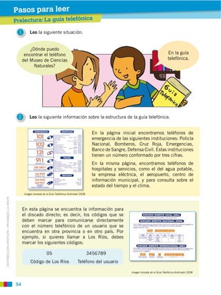 54
DISTRIBUCIÓN GRATUITA ­ PROHIBIDA LA VENTA
1 Leo la siguiente situación.
2 Leo la siguiente información sobre la estructura de la guía telefónica.
En la página inicial encontramos teléfonos de
emergencia de las siguientes instituciones: Policía
Nacional, Bomberos, Cruz Roja, Emergencias,
Banco de Sangre, Defensa Civil. Estas instituciones
tienen un número conformado por tres cifras.
En la misma página, encontramos teléfonos de
hospitales y servicios, como el del agua potable,
la empresa eléctrica, el aeropuerto, centro de
información municipal, y para consulta sobre el
estado del tiempo y el clima.
En esta página se encuentra la información para
el discado directo; es decir, los códigos que se
deben marcar para comunicarse directamente
con el número telefónico de un usuario que se
encuentra en otra provincia o en otro país. Por
ejemplo, si quieres llamar a Los Ríos, debes
marcar los siguientes códigos:
05 3456789
Código de Los Ríos Teléfono del usuario
Imagen tomada de la Guía Telefónica Andinatel 2008
Imagen tomada de la Guía Telefónica Andinatel 2008
En la guía
telefónica.
¿Dónde puedo
encontrar el teléfono
del Museo de Ciencias
Naturales?
Prelectura: La guía telefónica
Pasos para leer
 