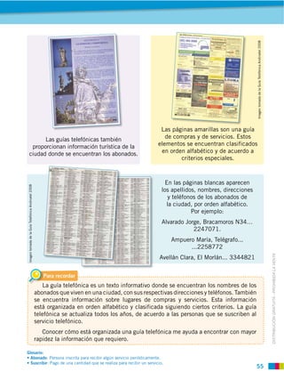 55
DISTRIBUCIÓN GRATUITA ­ PROHIBIDA LA VENTA
Las guías telefónicas también
proporcionan información turística de la
ciudad donde se encuentran los abonados.
En las páginas blancas aparecen
los apellidos, nombres, direcciones
y teléfonos de los abonados de
la ciudad, por orden alfabético.
Por ejemplo:
Alvarado Jorge, Bracamoros N34…
2247071.
Ampuero María, Telégrafo...
...2258772
Avellán Clara, El Morlán... 3344821
Las páginas amarillas son una guía
de compras y de servicios. Estos
elementos se encuentran clasificados
en orden alfabético y de acuerdo a
criterios especiales.
Para recordar
La guía telefónica es un texto informativo donde se encuentran los nombres de los
abonados que viven en una ciudad, con sus respectivas direcciones y teléfonos. También
se encuentra información sobre lugares de compras y servicios. Esta información
está organizada en orden alfabético y clasificada siguiendo ciertos criterios. La guía
telefónica se actualiza todos los años, de acuerdo a las personas que se suscriben al
servicio telefónico.
Conocer cómo está organizada una guía telefónica me ayuda a encontrar con mayor
rapidez la información que requiero.
ImagentomadadelaGuíaTelefónicaAndinatel2008
ImagentomadadelaGuíaTelefónicaAndinatel2008
Glosario:
: Persona inscrita para recibir algún servicio periódicamente.
: Pago de una cantidad que se realiza para recibir un servicio.
 