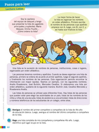 60
DISTRIBUCIÓN GRATUITA ­ PROHIBIDA LA VENTA
Hago una lista completa de mis compañeros y compañeras 4to año. Luego,
identifico qué lugar ocupo en la lista.
2
el nombre del primer compañero o compañera de la lista de 4to año
de educación básica. Luego, averiguo el nombre del último compañero o compañera
de la lista.
1
Lectura: Listas
Una lista es la sucesión de nombres de personas, instituciones, cosas o lugares,
organizados por orden alfabético.
Las personas tenemos nombres y apellidos. Cuando se desea organizar una lista de
personas, primero se ordena de acuerdo al primer apellido, luego el segundo apellido,
y finalmente los nombres de las personas. Esta organización permite encontrar la
información con mayor rapidez. Veamos un ejemplo, con los siguientes nombres:
Analía Rivadeneira, José Buitrón, Mercedes Cevallos. Si elaboramos una lista por
orden alfabético, quedaría de la siguiente manera: Buitrón José, Cevallos Mercedes y
Rivadeneira Analía.
Las listas de personas se utilizan para diferentes fines. Hay listas de las personas
que pueden votar para elegir las autoridades de un país; listas de los nombres de los
niños y niñas de una escuela; listas de asistencia a una actividad; listas de direcciones
y números telefónicos de los estudiantes de un colegio, entre otras.
Soy la capitana
del equipo de básquet y tengo
que presentar la lista de jugadores
principales y suplentes: María
Vásquez, Emilia Trujillo…
¿Cómo ordeno la lista?
La mejor forma de hacer
la lista es organizar los nombres
en orden alfabético. Primero escribe
el nombre de las personas cuyo apellido
empiece con A; luego, con B, con C, y
así hasta que finalices la lista.
Pasos para leer
 