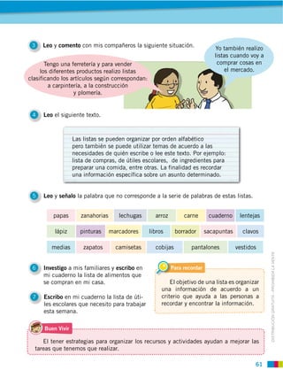 61
DISTRIBUCIÓN GRATUITA ­ PROHIBIDA LA VENTA
3 Leo y comento con mis compañeros la siguiente situación.
4 Leo el siguiente texto.
5 Leo y señalo la palabra que no corresponde a la serie de palabras de estas listas.
6 Investigo a mis familiares y escribo en
mi cuaderno la lista de alimentos que
se compran en mi casa.
7 Escribo en mi cuaderno la lista de úti-
les escolares que necesito para trabajar
esta semana.
Las listas se pueden organizar por orden alfabético
pero también se puede utilizar temas de acuerdo a las
necesidades de quién escribe o lee este texto. Por ejemplo:
lista de compras, de útiles escolares, de ingredientes para
preparar una comida, entre otras. La finalidad es recordar
una información específica sobre un asunto determinado.
Para recordar
El objetivo de una lista es organizar
una información de acuerdo a un
criterio que ayuda a las personas a
recordar y encontrar la información.
El tener estrategias para organizar los recursos y actividades ayudan a mejorar las
tareas que tenemos que realizar.
Buen Vivir
papas zanahorias lechugas arroz carne cuaderno lentejas
lápiz pinturas marcadores libros borrador sacapuntas clavos
medias zapatos camisetas cobijas pantalones vestidos
Tengo una ferretería y para vender
los diferentes productos realizo listas
clasificando los artículos según correspondan:
a carpintería, a la construcción
y plomería.
Yo también realizo
listas cuando voy a
comprar cosas en
el mercado.
 