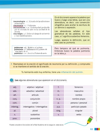 63
DISTRIBUCIÓN GRATUITA ­ PROHIBIDA LA VENTA
3 Leo algunas abreviaturas que aparecen en el diccionario.
En el diccionario aparece la palabra que
busco y luego unas letras, que son una
abreviatura, es decir, una convención
ortográfica para acortar la escritura de
un término o expresión.
Las abreviaturas señalan el tipo
gramatical de las palabras. En este
caso, s.f. significa sustantivo femenino.
Luego, aparece la definición, que en
este caso es pulmonía.
Pero tampoco sé qué es pulmonía.
Entonces busco la palabra pulmonía
en la letra p.
Reemplazo en la oración el significado de neumonía por su definición, y compruebo
si se mantiene el sentido de la oración.
Tu hermanita está muy enferma; tiene una inflamación del pulmón.
f.
m.
n.
n. p.
p.
p.p.
sing.
v.
adj. adjetivo / adjetival
adv. adverbio / adverbial
art. artículo
conj. conjunción
com. común
interrog. interrogativo / interrogativa
pl. plural
s. sustantivo
pron. pronombre
femenino
masculino
nombre
nombre propio
persona / personal
participio pasado
singular
verbo
Puedes consultar el diccionario de la Real Academia de la Lengua en: www.rae.es
 