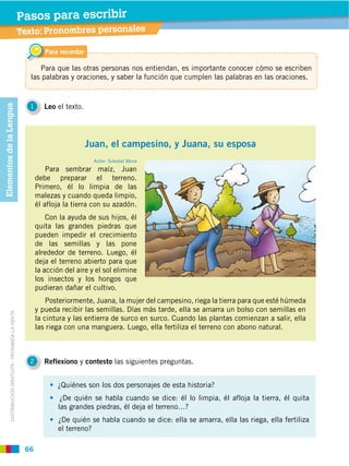 66
DISTRIBUCIÓN GRATUITA ­ PROHIBIDA LA VENTA
Juan, el campesino, y Juana, su esposa
Autor: Soledad Mena
Para sembrar maíz, Juan
debe preparar el terreno.
Primero, él lo limpia de las
malezas y cuando queda limpio,
él afloja la tierra con su azadón.
Con la ayuda de sus hijos, él
quita las grandes piedras que
pueden impedir el crecimiento
de las semillas y las pone
alrededor de terreno. Luego, él
deja el terreno abierto para que
la acción del aire y el sol elimine
los insectos y los hongos que
pudieran dañar el cultivo.
Posteriormente, Juana, la mujer del campesino, riega la tierra para que esté húmeda
y pueda recibir las semillas. Días más tarde, ella se amarra un bolso con semillas en
la cintura y las entierra de surco en surco. Cuando las plantas comienzan a salir, ella
las riega con una manguera. Luego, ella fertiliza el terreno con abono natural.
¿Quiénes son los dos personajes de esta historia?
¿De quién se habla cuando se dice: él lo limpia, él afloja la tierra, él quita
las grandes piedras, él deja el terreno…?
¿De quién se habla cuando se dice: ella se amarra, ella las riega, ella fertiliza
el terreno?
1 Leo el texto.
2 Reflexiono y contesto las siguientes preguntas.
Para recordar
Para que las otras personas nos entiendan, es importante conocer cómo se escriben
las palabras y oraciones, y saber la función que cumplen las palabras en las oraciones.
Texto: Pronombres personales
Pasos para escribirElementosdelaLengua
 