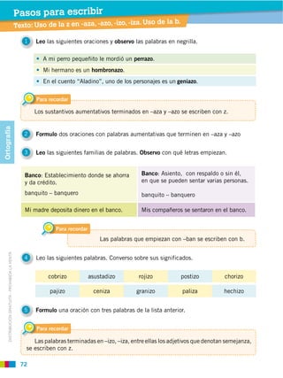 72
DISTRIBUCIÓN GRATUITA ­ PROHIBIDA LA VENTA
Para recordar
Los sustantivos aumentativos terminados en –aza y –azo se escriben con z.
Para recordar
Las palabras terminadas en –izo, –iza, entre ellas los adjetivos que denotan semejanza,
se escriben con z.
Para recordar
Las palabras que empiezan con –ban se escriben con b.
A mi perro pequeñito le mordió un perrazo.
En el cuento “Aladino”, uno de los personajes es un geniazo.
Mi hermano es un hombronazo.
Texto: Uso de la z en -aza, -azo, -izo, -iza. Uso de la b.
Pasos para escribir
1 Leo las siguientes oraciones y observo las palabras en negrilla.
2 Formulo dos oraciones con palabras aumentativas que terminen en –aza y –azo
3 Leo las siguientes familias de palabras. Observo con qué letras empiezan.
5 Formulo una oración con tres palabras de la lista anterior.
4 Leo las siguientes palabras. Converso sobre sus significados.
Banco: Establecimiento donde se ahorra
y da crédito.
banquito – banquero
Banco: Asiento, con respaldo o sin él,
en que se pueden sentar varias personas.
banquito – banquero
Mi madre deposita dinero en el banco. Mis compañeros se sentaron en el banco.
cobrizo asustadizo rojizo chorizopostizo
pajizo ceniza granizo hechizopaliza
Ortografía
 
