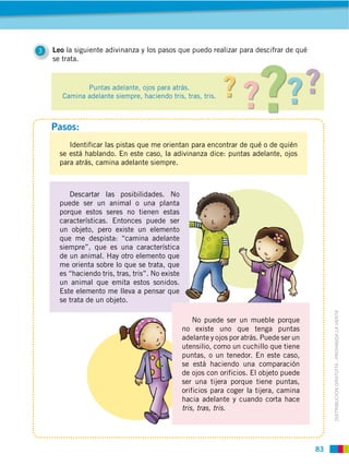 83
DISTRIBUCIÓN GRATUITA ­ PROHIBIDA LA VENTA
3 Leo la siguiente adivinanza y los pasos que puedo realizar para descifrar de qué
se trata.
Puntas adelante, ojos para atrás.
Camina adelante siempre, haciendo tris, tras, tris.
Identificar las pistas que me orientan para encontrar de qué o de quién
se está hablando. En este caso, la adivinanza dice: puntas adelante, ojos
para atrás, camina adelante siempre.
puede ser un animal o una planta
porque estos seres no tienen estas
características. Entonces puede ser
un objeto, pero existe un elemento
que me despista: “camina adelante
siempre”, que es una característica
de un animal. Hay otro elemento que
me orienta sobre lo que se trata, que
un animal que emita estos sonidos.
Este elemento me lleva a pensar que
se trata de un objeto.
no existe uno que tenga puntas
adelante y ojos por atrás. Puede ser un
utensilio, como un cuchillo que tiene
puntas, o un tenedor. En este caso,
se está haciendo una comparación
de ojos con orificios. El objeto puede
ser una tijera porque tiene puntas,
orificios para coger la tijera, camina
hacia adelante y cuando corta hace
tris, tras, tris.
Pasos:
 