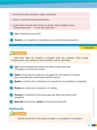 93
DISTRIBUCIÓN GRATUITA ­ PROHIBIDA LA VENTA
2 Utilizo la ficha que se encuentra en la página 91 del cuaderno de trabajo
para comprobar que la adivinanza esté bien escrita.
4 Realizo las correcciones necesarias a mi trabajo.
5 Presento a mi docente la adivinanza para que realice las correcciones
necesarias.
6 Reescribo la adivinanza. Corrijo los errores de la redacción.
1 Leo el primer borrador que escribimos sobre la adivinanza para
comprobar si se entiende mi texto.
3 Realizo la revisión de mi adivinanza con la ayuda de un compañero o compañera.
3 Leo la adivinanza que escribí.
4 Solicito a un compañero o compañera que lea la adivinanza que escribí.
Para recordar
Todo texto debe ser revisado y corregido para que cualquier lector pueda
comprenderlo. Este proceso se llama revisión y edición del texto.
Para recordar
Después de escribir la adivinanza, entrego a mi compañero o compañera.
Escribo oraciones completas: sujeto y predicado.
Coloco un punto al final de cada oración.
Junto varias oraciones para formar un párrafo. Utilizo palabras como:
“Adivina adivinador”, “si eres listo adivinarás”...
Revisión
Publicación
 