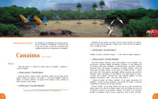 Bandadas de aves marinas que vienen del Sur, rosarios del alba en el silencio
lejano. Las aguas del mar aguantan el empuje del río y una cresta de olas fangosas
corre a lo largo de la barra.
Encuentroconeltexto Lee atentamente los fragmentos de la novela Canaima
que se te proponen a continuación. Ten presente que
es una obra de arte, y como tal, es necesario leerla
completa para apreciarla e interpretarla en su totalidad.
—¡Ocho pies! ¡Fondo duro!
Canaima Destellos de aurora. Arreboles bermejos… ¡Y eran verdes los negros manglares!
Rómulo Gallegos10
—¡Nuevepies! ¡Fondoblando!
De la tierra todavía, soñolienta, hacia el mar despierto con el ojo fúlgido al ras
del horizonte, continúan saliendo las bandadas de pájaros. Los que madrugaron
ya revolotean sobre aguas centellantes: los alcatraces grises, que nunca se sacian;
las pardas cotúas, que siempre se atragantan; las blancas gaviotas voraces del
áspero grito; las negras tijeretas de ojo certero en la flecha del pico. —¡Nueve
pies! ¡Fondo duro! A los macareos han llegado millares de garzas: rojas corocoras,
chusmitas azules y las blancas, de toda blancura; pero todas albean los esteros.
Ya parece que no hubiera sitio para más y aún continúan llegando en largas
bandadas de armonioso vuelo. —¡Diez pies! ¡Fondo duro! […]
Acaban de pronto los bruscos maretazos de las aguas encontradas, los
manglares se abren en bocas tranquilas, cesa el canto del sondaje y comienza
el maravilloso espectáculo de los caños del Delta.
Término fecundo de una larga jornada que aún no se sabe precisamente
dónde empezó, el río niño de los alegres regatos al pie de la Parima, el río joven de
los alardosos escarceos de los pequeños raudales, el río macho de los iracundos
bramidos de Maipures y Atures, ya viejo y majestuoso sobre el vértice del Delta,
Pórtico
Barra del Orinoco. El serviola de estribor lanza el escandallo y comienza a
vocear el sondaje:
—¡Nuevepies! ¡Fondoduro!
Bocas del Orinoco. Puertas, apenas entornadas todavía, de una región donde
imperan tiempos de violencia y de aventura… Una ceja de manglares flotantes,
negros, en el turbio amanecer. Las aguas del río ensucian el mar y saturan de
olores terrestres el aire yodado.
—¡Ocho pies! ¡Fondo blando!
10
Gallegos, Rómulo (1957). Canaima. Madrid: ColecciónCrisol Nº340, segunda edición.
84 85
 