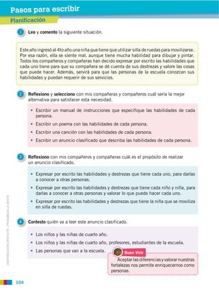 Pasos para escribir
                                             Planificación
                                                1   Leo y comento la siguiente situación.


                                                Este año ingresó al 4to año una niña que tiene que utilizar silla de ruedas para movilizarse.
                                                Por esa razón, ella se siente mal, aunque tiene mucha habilidad para dibujar y pintar.
                                                Todos los compañeros y compañeras han decido expresar por escrito las habilidades que
                                                cada uno tiene para que su compañera se dé cuenta de sus destrezas y valore las cosas
                                                que puede hacer. Además, servirá para que las personas de la escuela conozcan sus
                                                habilidades y puedan requerir de sus servicios.


                                                2   Reflexiono y selecciono con mis compañeras y compañeros cuál sería la mejor
                                                    alternativa para satisfacer esta necesidad.

                                                        Escribir un manual de instrucciones que especifique las habilidades de cada
                                                        persona.
                                                        Escribir un poema con las habilidades de cada persona.
                                                        Escribir una canción con las habilidades de cada persona.
                                                        Escribir un anuncio clasificado que describa las habilidades de cada persona.


                                                3   Reflexiono con mis compañeros y compañeras cuál es el propósito de realizar
                                                    un anuncio clasificado.

                                                        Expresar por escrito las habilidades y destrezas que tiene cada uno, para darlas
                                                        a conocer a otras personas.
                                                        Expresar por escrito las habilidades y destrezas que tiene cada niño y niña, para
                                                        darlas a conocer a otras personas y valorar lo que puede hacer cada uno.
DISTRIBUCIÓN GRATUITA ­ PROHIBIDA LA VENTA




                                                        Expresar por escrito las habilidades y destrezas que tiene la niña que se moviliza
                                                        en silla de ruedas.


                                                4   Contesto quién va a leer este anuncio clasificado.

                                                        Los niños y las niñas de cuarto año.
                                                        Los niños y las niñas de cuarto año, profesores, estudiantes de la escuela.
                                                        Las personas que van a la escuela.             Buen Vivir
                                                                                                    Aceptar las diferencias y valorar nuestras
                                                                                                fortalezas nos permite enriquecernos como
                                                                                                personas.

                                              104
 